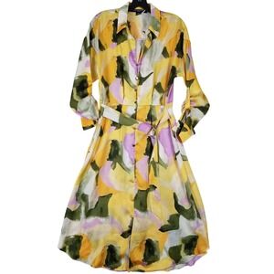 French Connection Yellow Abstract Floral Midi Shirt Dress Belted Sz M